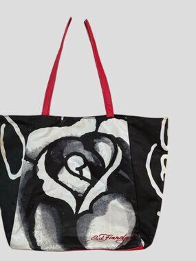Ed Hardy White Rose Tote Bag with Red Straps
